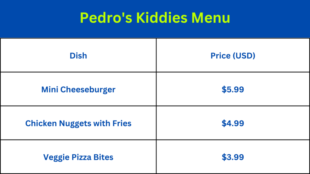 Pedro's Kiddies Menu