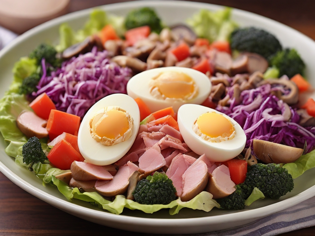Lettuce greens, diced ham, red cabbage, carrots, broccoli and mushrooms garnished with Hard Boiled eggs and tomatoes